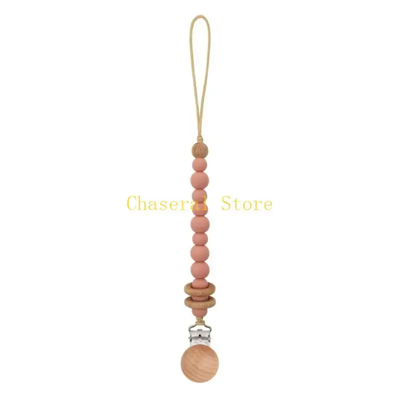 E7CE Handmade Wooden Pacifier Chains Safe Teething Chain Baby Teether Eco-friendly Pacifier Clips Holder Chain Smooth Surface