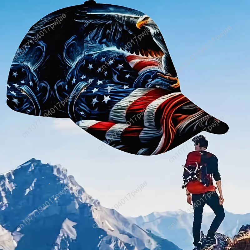 ปรับได้ | ระบายอากาศได้] หมวกเบสบอลแบบปรับได้ 1 ชิ้น - โพลีเอสเตอร์น้ำหนักเบา ระบายอากาศได้ดี พร้อมดีไซน์ธงชาติอเมริกันและนกอินทรี ทรงโค้ง