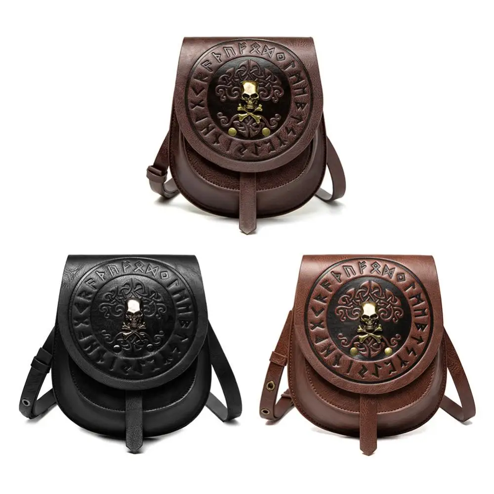 Unisex Medieval Retro Style Single Shoulder Crossbody Bag Pu Leather Embossed Skull Head Bone Logo Mini Change Bag Steampunk Set