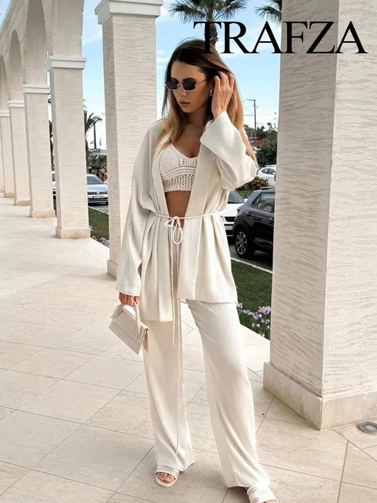 

TRAFZA Women 2 Piece Set Pleated Texture Lace Up Decorate Loose Kimono Shirt Top+Elegant Casual Slim Wide Leg Long Pant Mujer