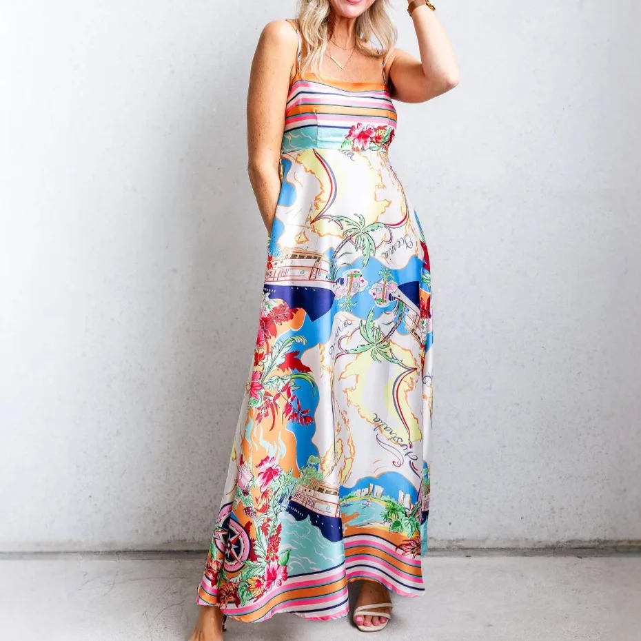 

25 Summer Style New Sexy Women's High Waist Printed Vacation Style Flared Strap Dress