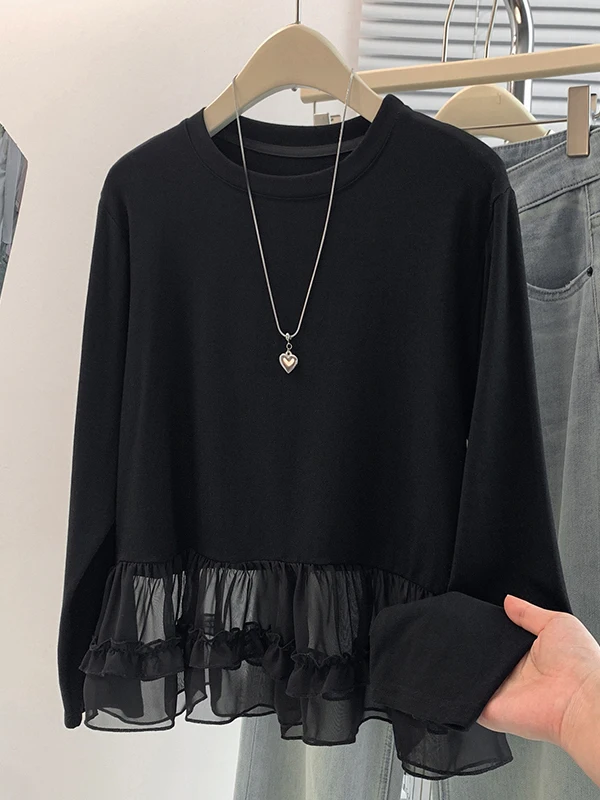 2026 Autumn New Korean Style Design Sensation Ultra Fairy Lace Splicing Anti Aging Versatile Base Outerwear T Shirt Top