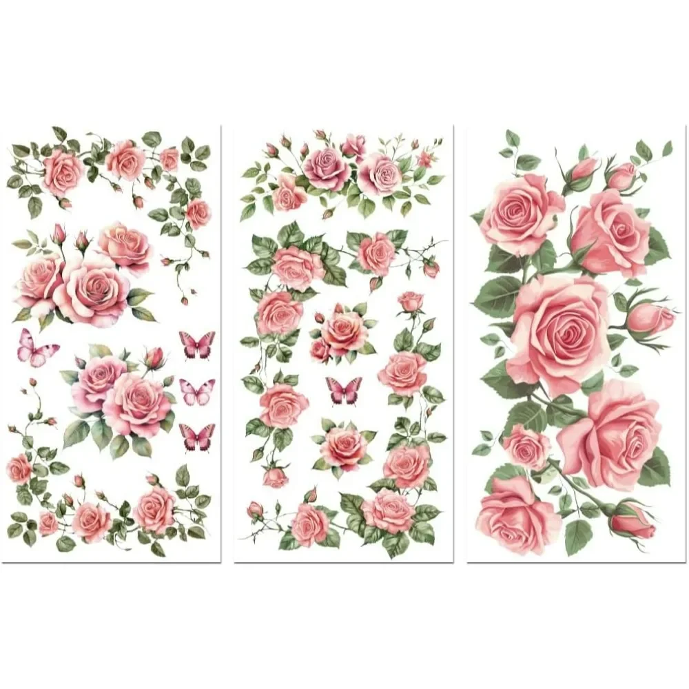 Reiben Sie den Transferaufkleber für Möbel, Basteln, Dekor, 15,2 x 30,5 cm, rosa Rosenranke, 3 Stück, wasserdichter UV-DTF-Transferaufkleber für Dessous