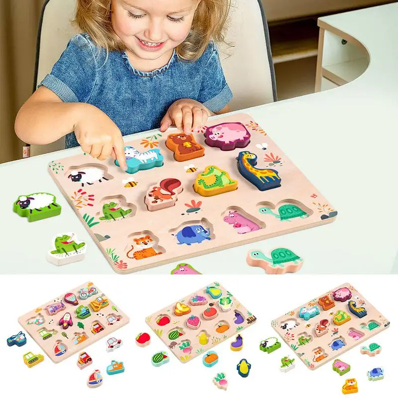 Puzzle w kształcie drewnianym zwierzęta transport owoców kolor i kształt Sorter Puzzle wkładane Montessori kształt zabawki drewniane