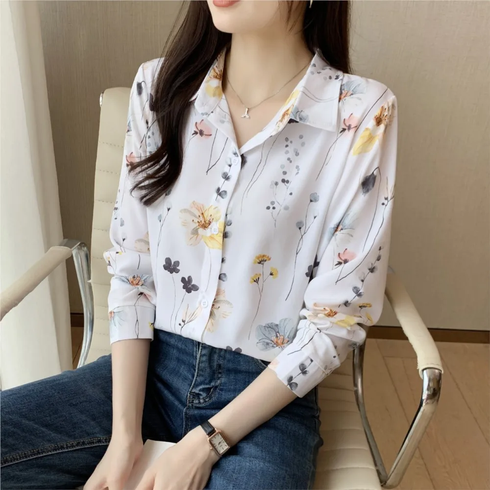 Office Lady Flower Turn Down Collar Cardigan Blouse 2024 Autumn Printed Long Sleeve Shirt For Women   Рубашка Женская Летняя