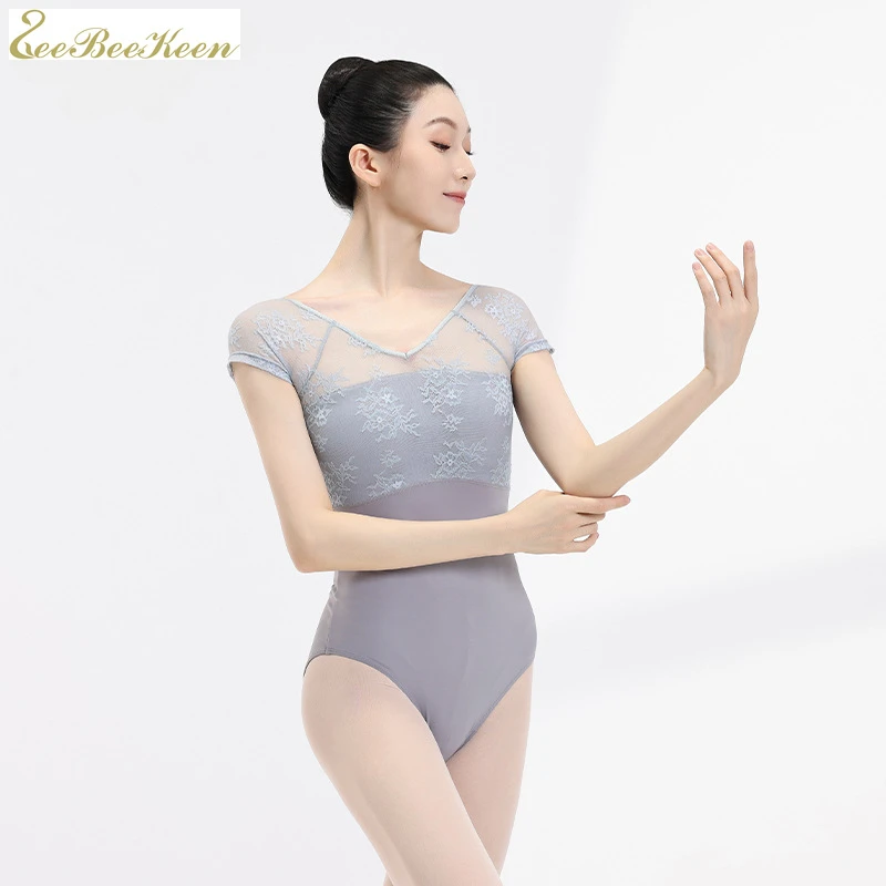 short sleeves mesh lace splice ballet leotard gymnastics girls yoga clothes jumpsuit dancewear women gray ballet dance leotard