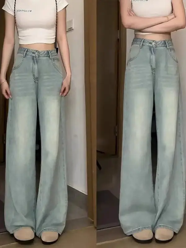 

Ретро-джинсы светло-голубого цвета с высокой талией, широкими штанинами, прямого кроя, стройнящие, женские, повседневные, весна-осень, новинка