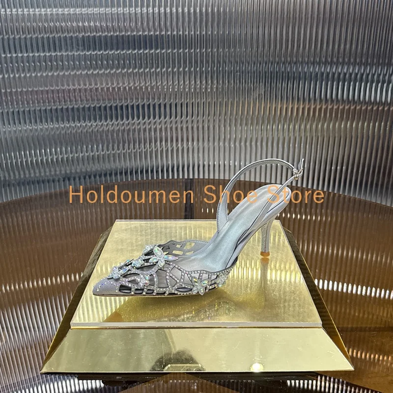 

Роскошные сандалии ручной работы с кристаллами и цветами-бабочками, модные туфли с острым носком, сандалии-слингбэки в римском стиле, сексуальные вечерние туфли на шпильке