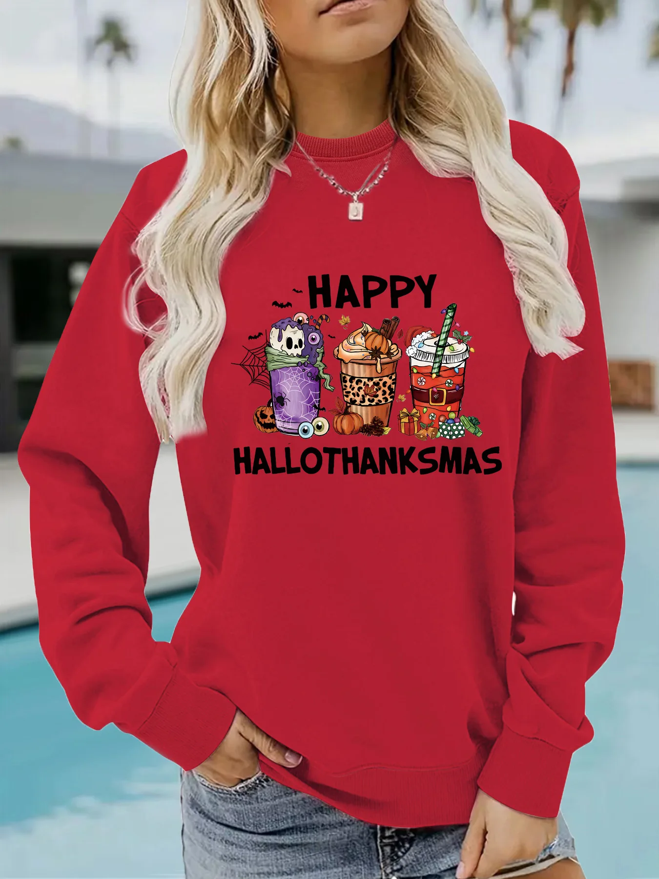 BKLD Autumn And Winter Long Sleeve Tops Round Neck Fashion HAPPY HALLOTHANKSMAS Printed Pullover Sweatshirt Women Clothing