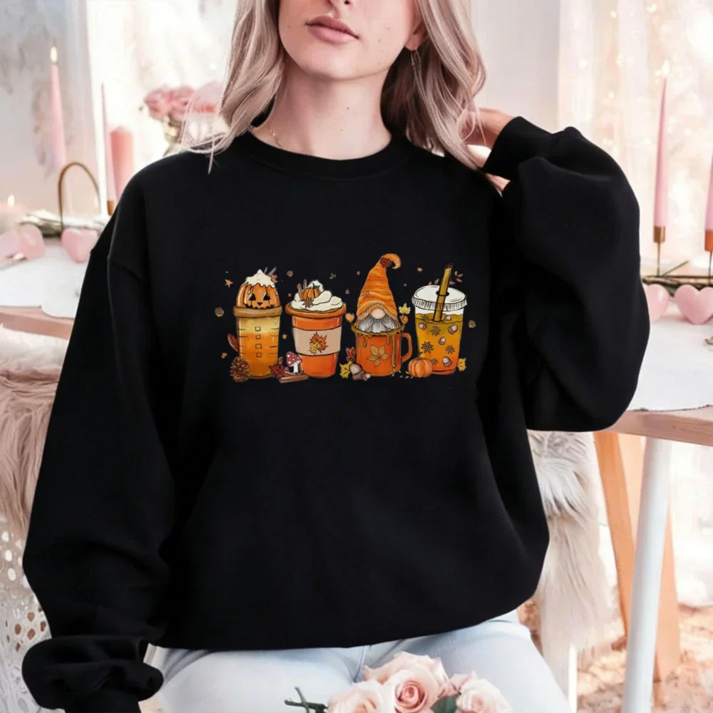 Aesthetic Cozy Pink Gnome Coffee Sweatshirt Hoody Fall Pumpkin Spice Latte Autumn Leaves Graphic Pullover Women Unisex Retro Top view 4
