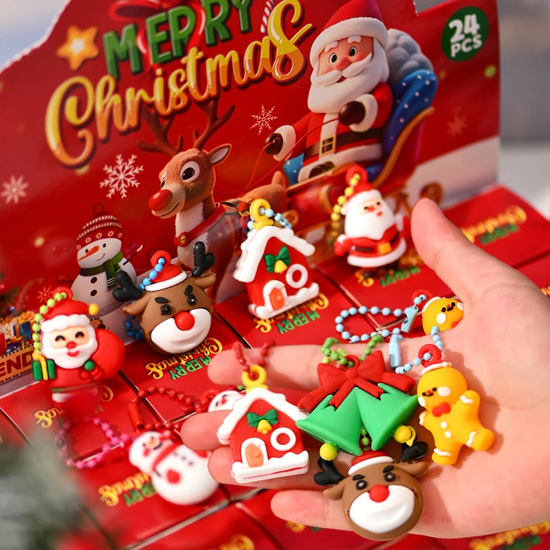 24pcs Halloween  Christmas Blind Box Keychain Set Holiday Character Collection Featuring Santa Snowman & Reindeer Designs