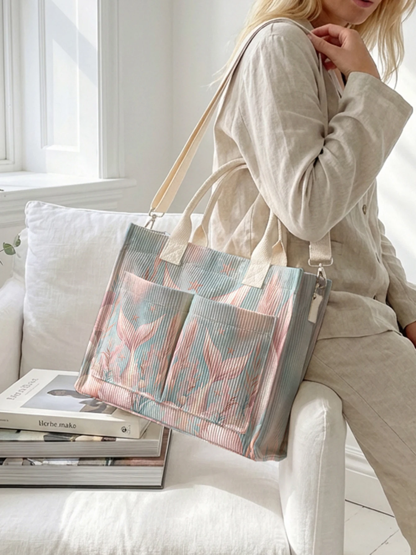 Pastel Mermaid Tail Underwater Print Corduroy Tote Bag Large Capacity Multi Pocket Mermaid Lover Commuter Shoulder Bag