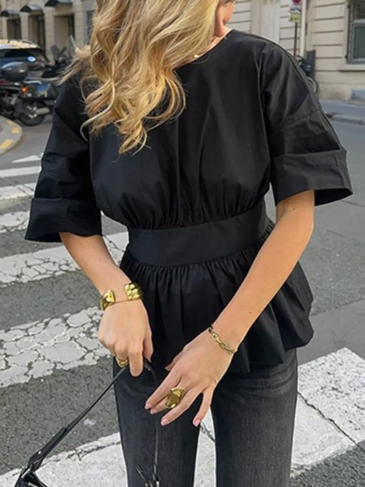 

Fashion Sexy Backless Shirt For Women Elegant Black O Neck Short Sleeve Ruffles Lace-up Pullover Shirts Tops Lady Clothes New
