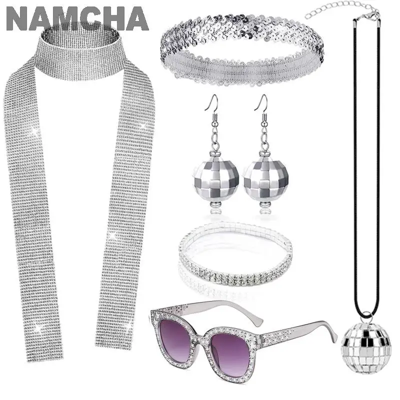 

70s Disco Sequins Costume Accessories Unique Style Creative Fine Headband Sunglasses Necklace Earrings Scarf Bracelet Party Suit