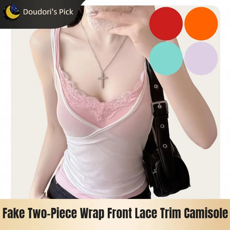 Camisole courte en dentelle, style ballet coréen, effet deux pièces superposées, design color-block, avec encolure croisée sur le devant, bordure en dentelle ondulée froncée, et couche intérieure color-block à col en V.