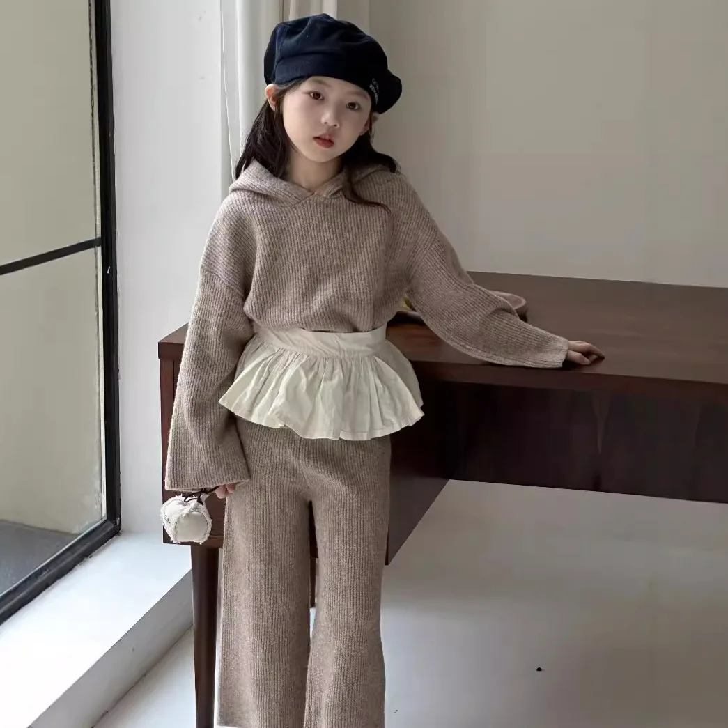 

Children Clothing 2024 Autumn and Winter Korean Girls Hooded Sweater Flared Pants Set Children Knitted Yarn Two-piece Set