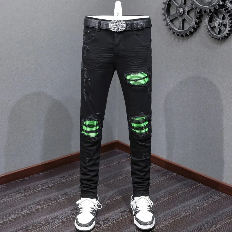

Y2K Designer High Street Fashion New Jeans, Washed Nostalgic Perforation, Green Patch Elastic Slimming, Retro Black Jeans, Hip H