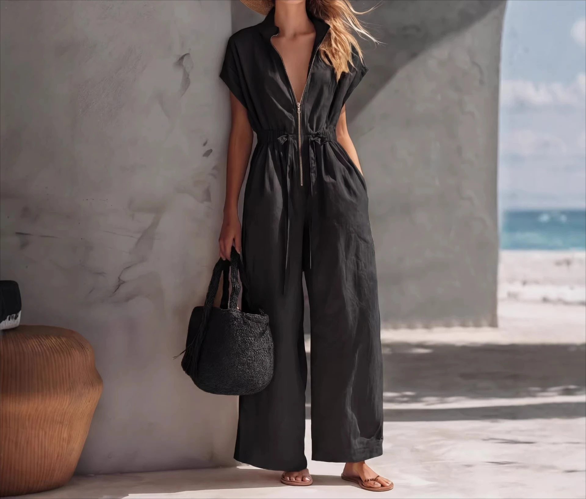

Women's Jumpsuit 2026 Spring Summer New Solid Color Stand Collar Half Zipper Pocket Design Cinched Waist Short Sleeve Jumpsuit