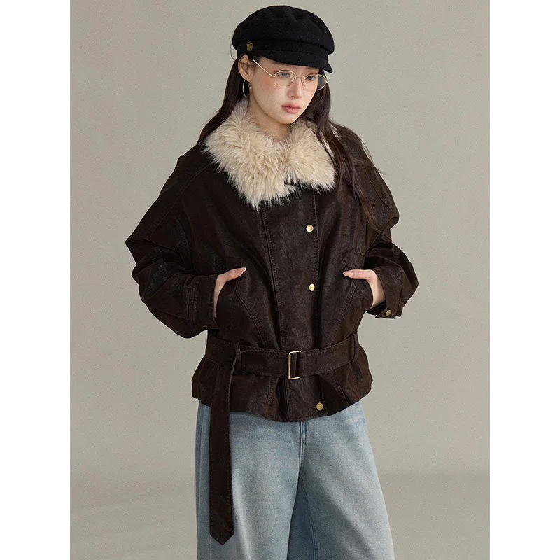 Slergiri Fleece Gevoerde Dikker Bontkraag Pu Leren Jas Vrouwen Mode Nieuwe 2026 Herfst Winter Losse Belted Warme Outerwears