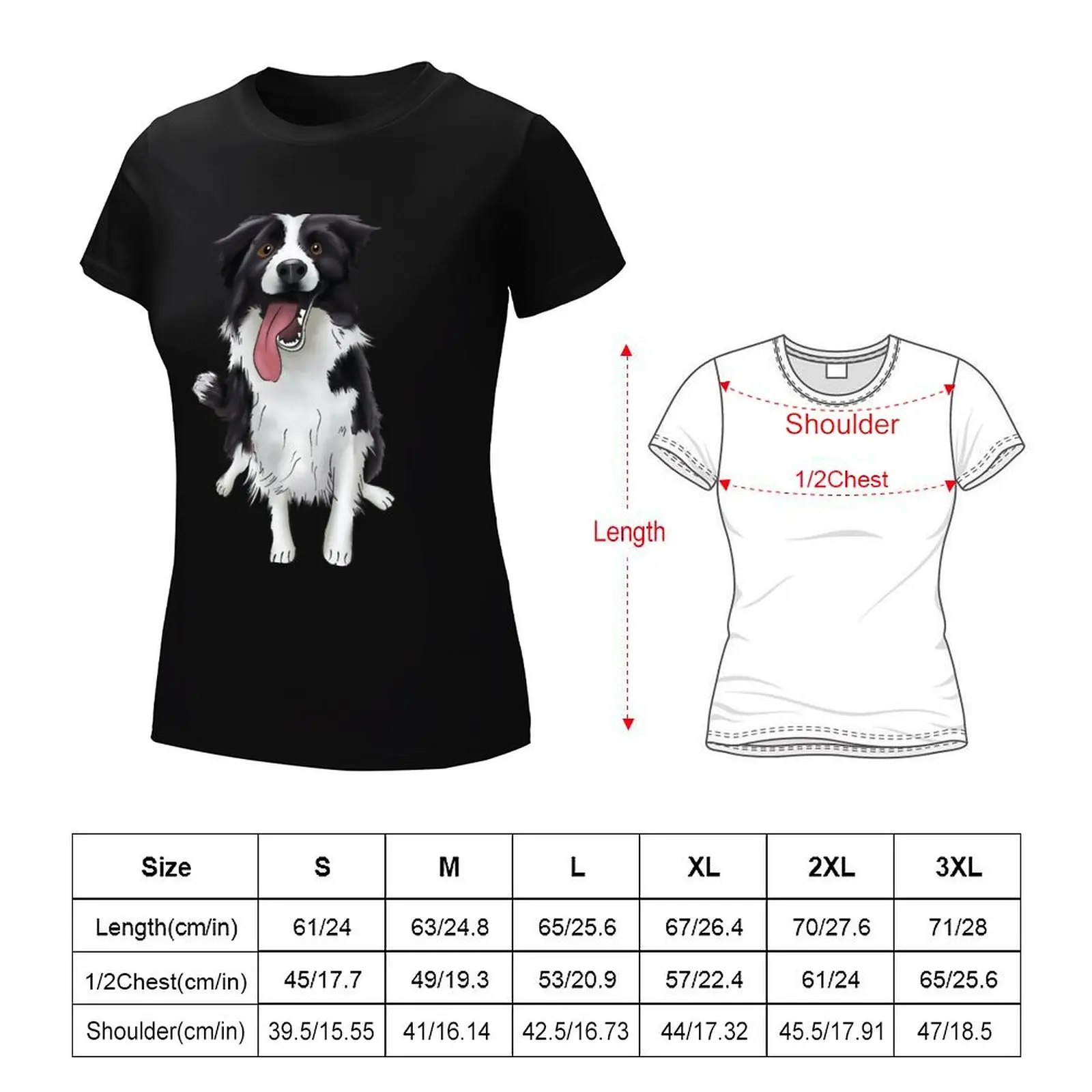 Cute Smiling Black and White Border Collie Drawing | For Boarder Collie Owners | For Dog Lovers T-Shirt tops t shirts for Women