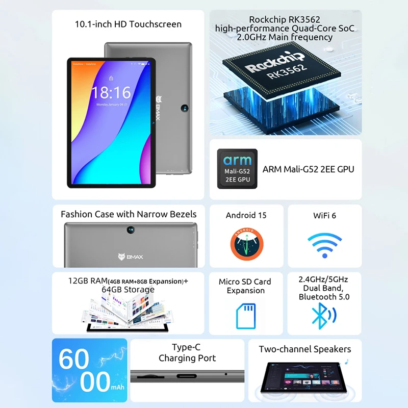 Bmax crianças tablet i9 plus android 15 gpu g522ee 8gb ram 64gb rom 10.1 Polegada allwinner rk3562 quad core porta tablets pc wifi 6