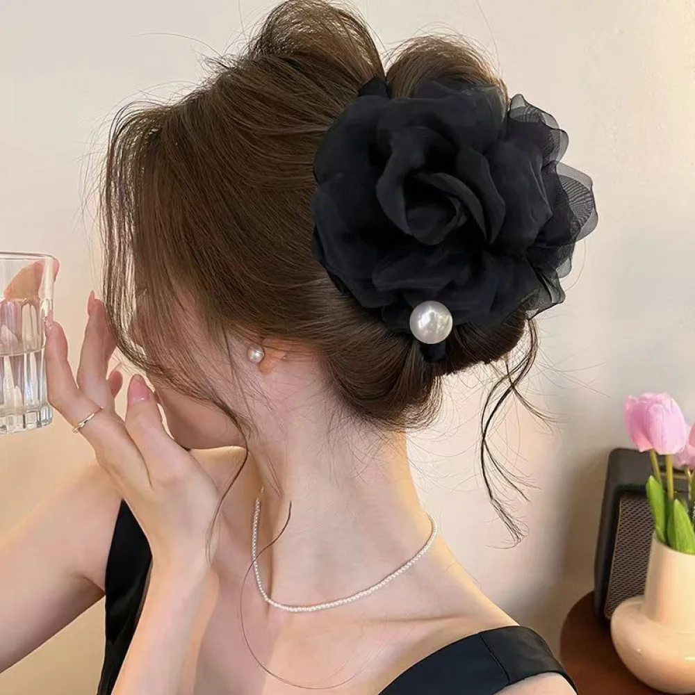 Premium Camellia Flower Hair Claw Pearl Mesh Shark Clip Elegant Women Barrettes Fashion Modern Hairstyle Fixing Accessories