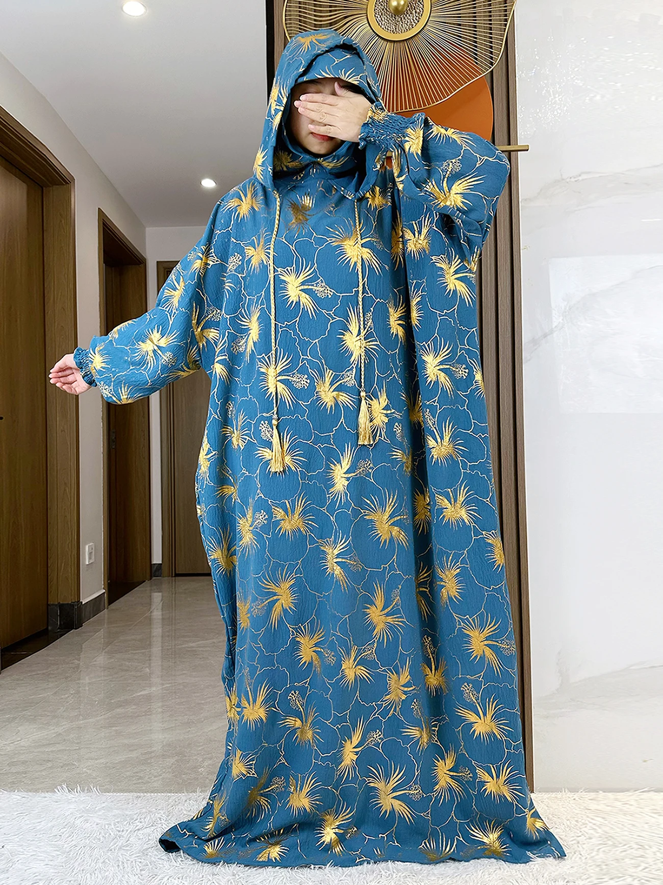 

Cotton Ramadan Abaya for Muslim Women High-Grade Fabric Dubai Turkey Style Islamic Prayer Clothing with Two-Hats Kaftan Dress