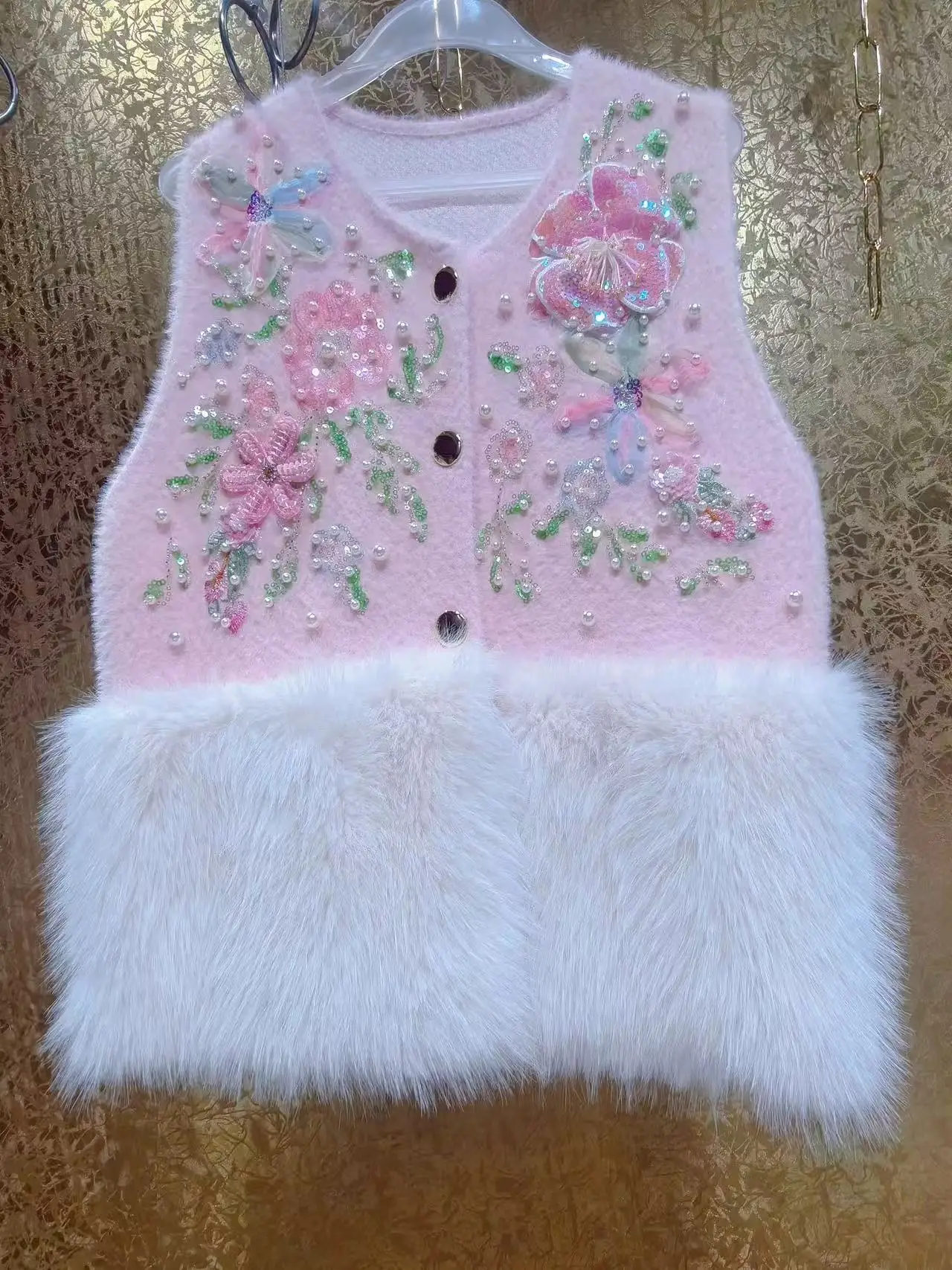 

Luxury Flower Beaded Flowers Faux Fur Knitwear Sleeveless Cardigan Coat For Women Sweater Outwear Vest Jacket
