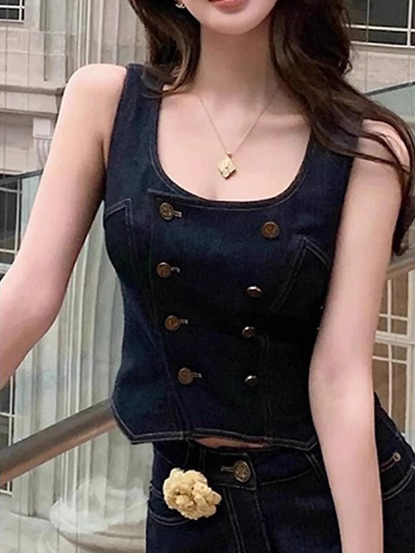 Retro Sexy Spicy Girl Denim Crop Top High Waist Wide Leg Straight Denim Long Pants Two Piece Set Women's Autumn New Style