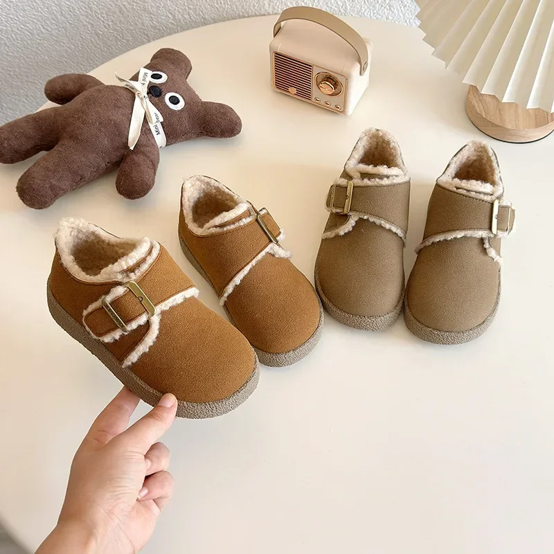 2024 Children Plush Keep Warm Casual Shoes for Girls Winter New Korean Style Soft Anti-slippery Versatile Chic Leather Shoes