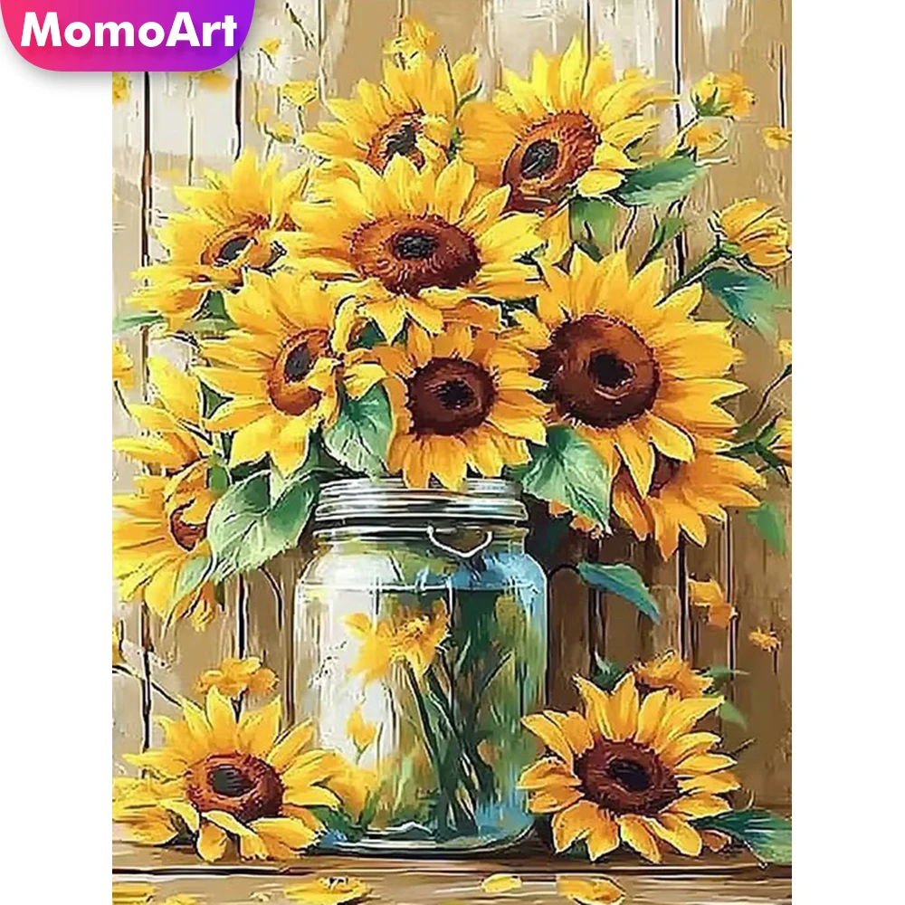 Momoart 5D Diamant-Stickerei Sonnenblumen-Gemälde Vase Handarbeit Vollquadrat Rundes Diamant-Mosaik Blumen DIY Deko für Zuhause