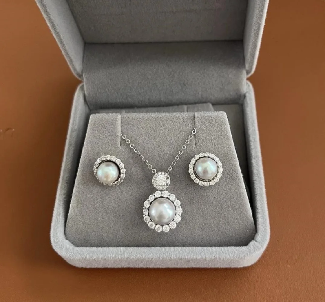 

S925 Silver Natural AAA 6-7 mm Earrings+White Natural South Sea Pearl AAA 8-9mm Necklace Set18inch