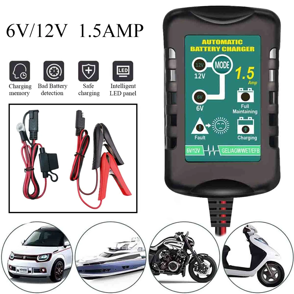 6V 12V 1.5Amp Battery Charger Maintainer Trickle for Harley Davidson Motorcycles Car Auto Boat Lawn Mower Tractor Car Marine