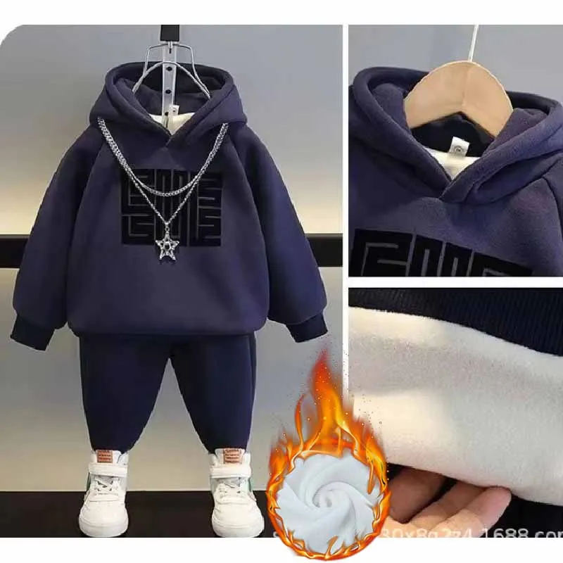 Winter Padded Sets Boys Thicken Suit Autumn Children's Fleece Hooded Sweatshirt Sweatpants 2 Pieces Kids New Warm Outfit