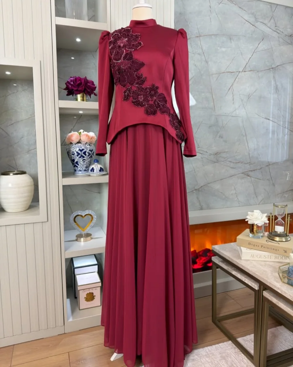 

Customized High Quality Women Charmeuse Handmade Flower Sequined A-line Evening Dress Formal High Collar Long Sleeves Party Gown