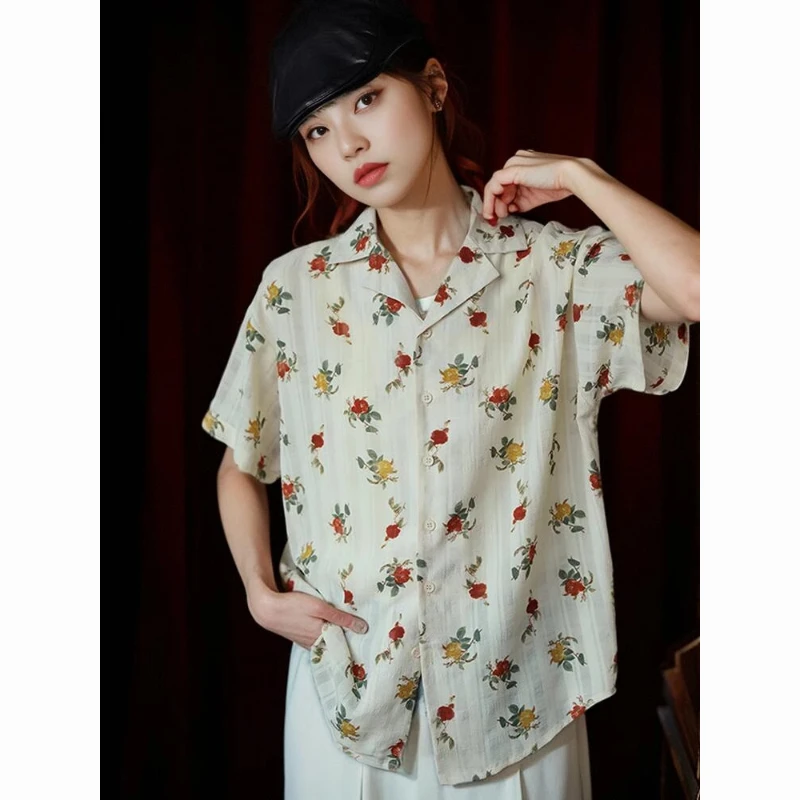 Vintage Printing Youth Shirt Tops Short Sleeve Polo Neck Loose High Street Blouse Women Clothing Fashion Casual Summer New Trend