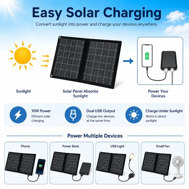 All-in-One 10W Solar Charger Foldable Seamless Design with Dual USB Fast Charging Portable Solar Power Bank for Outdoor