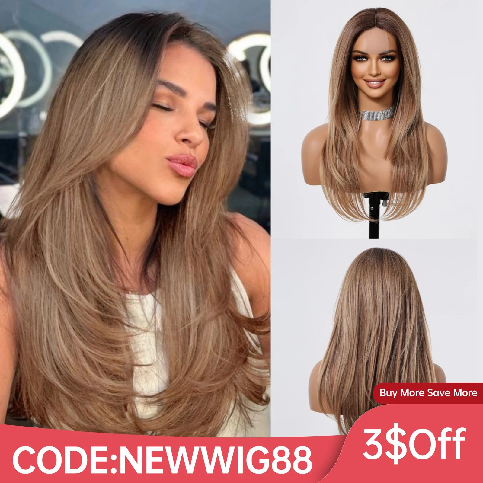 Long Brown Straight Layered Synthetic Wigs Dark Root Hairline Lace Hair Wigs for Women Daily Middle Part Heat Resistant Fiber