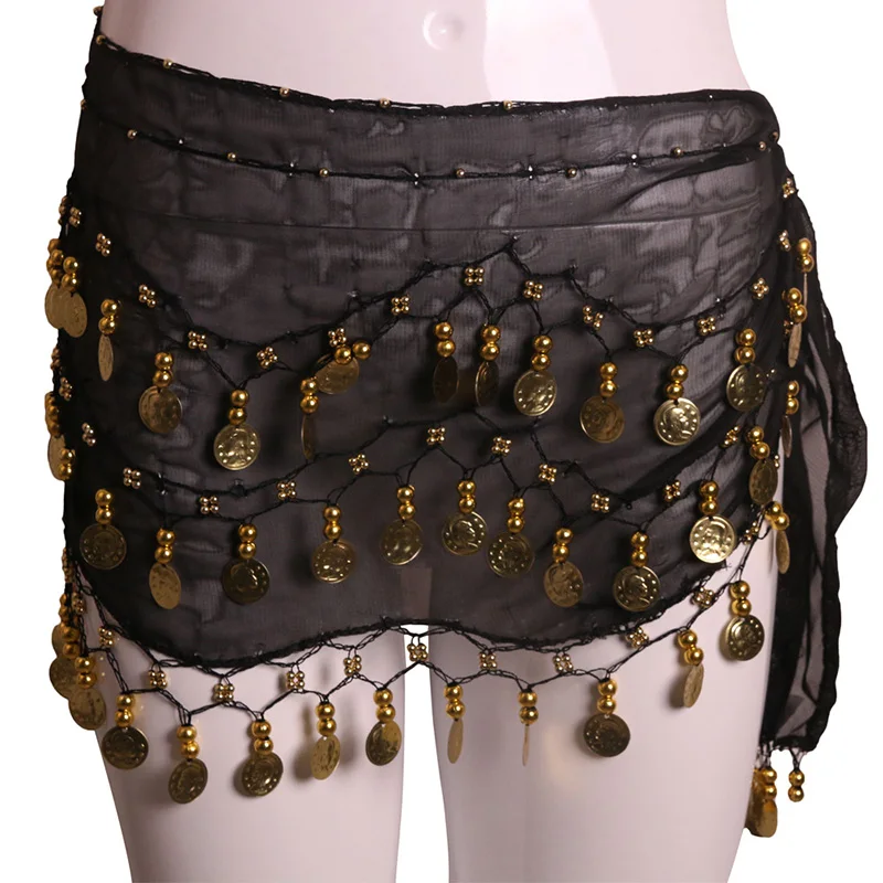 Sexy Women Belly Dance Chiffon Skirt Gold Sequins Waist Chain Tassel Belts Clubwear Indian Dance Practice Performance Hip Scarf