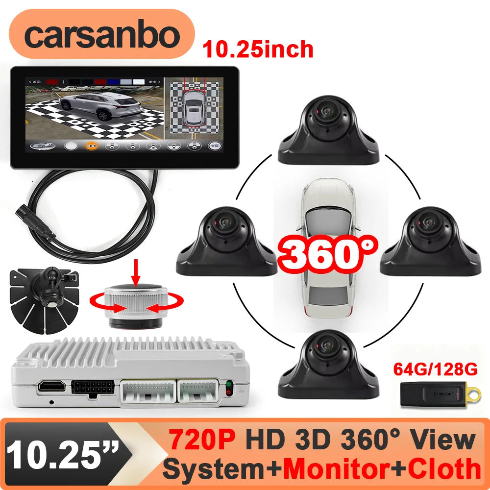 Carsanbo 10.25inch HD Touch Monitor 3D 360 Degree Surround Bird Eye View Panoramic System HD 720P DVR Calibration Cloth Optional