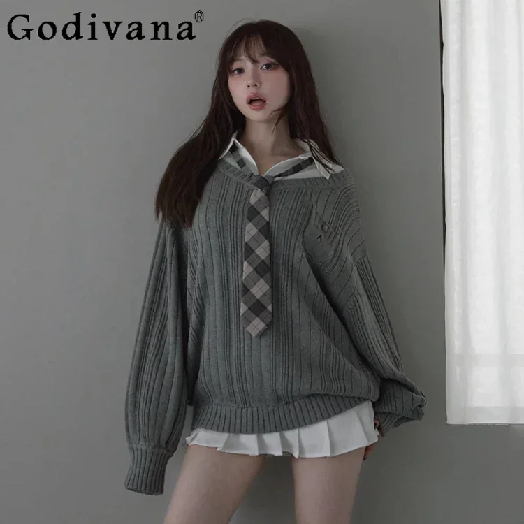 

Japan Style Fashion Sweet Knit Sweater Long Sleeve Shirt Tie 3-Piece Set Women's Loose Slim Casual Clothes Set Spring New 2026