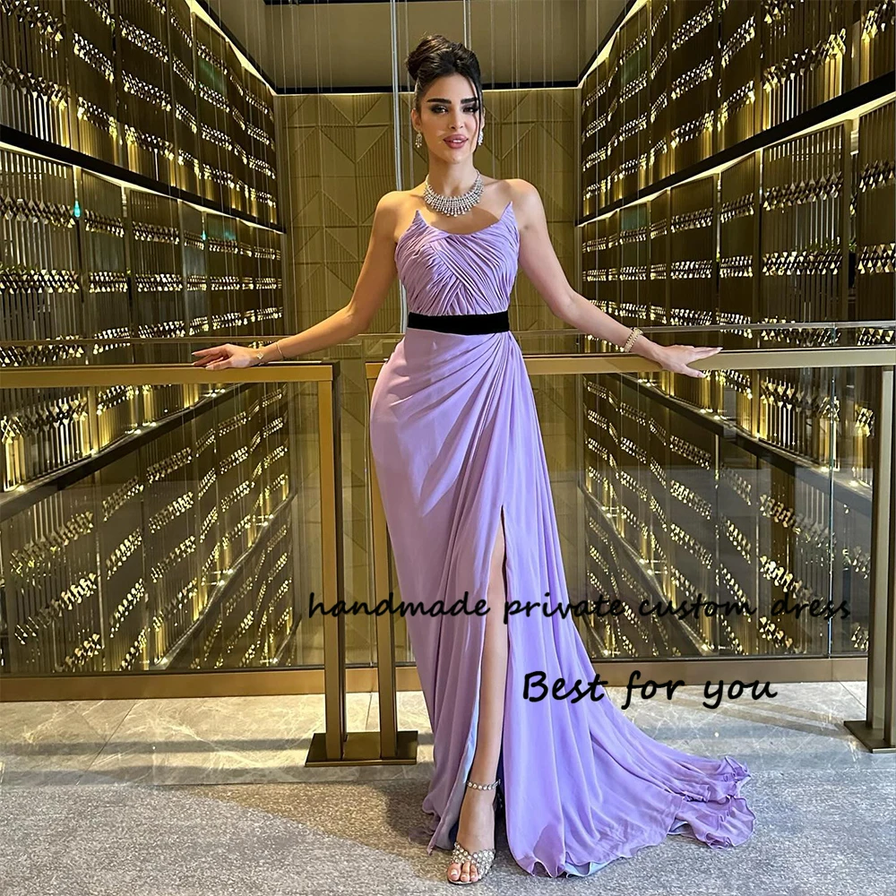 

Lavender Chiffon Mermaid Evening Dresses Pleats Strapless Arabian Dubai Prom Dress with Slit Train Long Formal Party Gowns