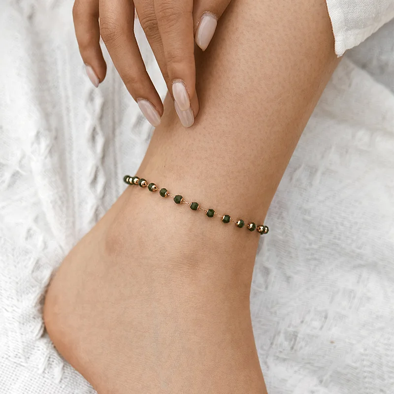 Vintage Ethnic Style Green Acrylic Bead Handmade Beading Women Anklet Adjustable Size Daily Wear Feet Accessories Chic Jewelry