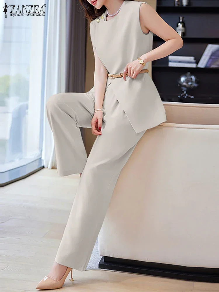 ZANZEA Women Two Piece Sets Pants Suit Fashion Sleeveless Tank Tops And Elegant Office Lady Summer Set Casual Loose Suits Outfit