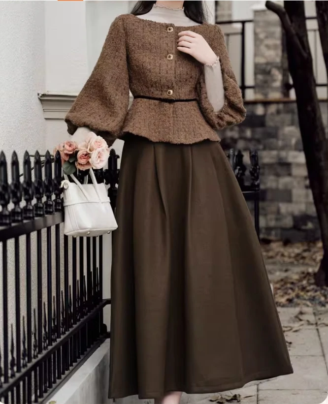 Mantel Wol Pendek Musim Gugur Musim Dingin, Sweater Kerah Setengah Tinggi Lengan Panjang, Rok A-line Retro Berpinggang Tinggi