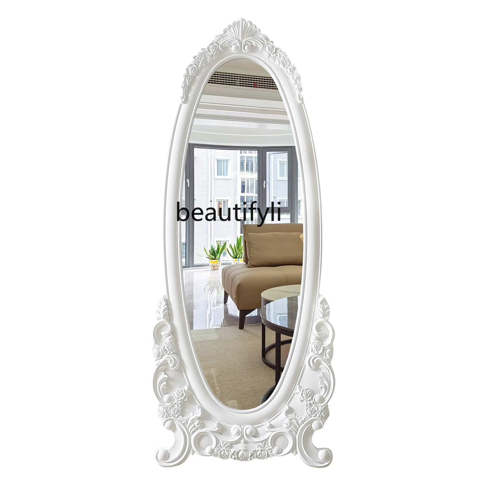 

y European pastoral living room floor-to-ceiling relief bedroom wall-mounted oval full-length mirror clothing store floor mirror