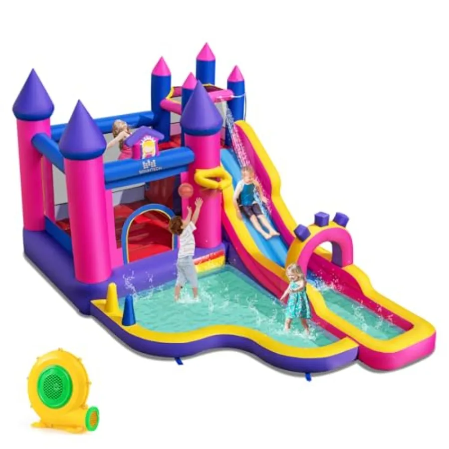 

Inflatable Water Slide, Princess Water Park w/Long Slide, Jumping Area, Climbing Wall, Splash Pool, Basketball Hoop, Ring-toss,