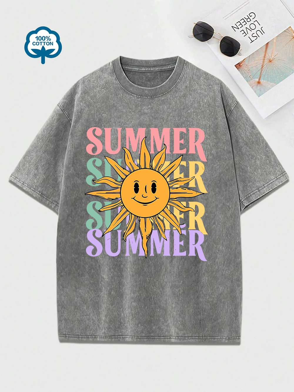 

Summer Sun Printing Washed T-Shirts Womens Cotton Oversized T-Shirt Comfortable O-Neck Distressed Tops Casual Womans Clothes