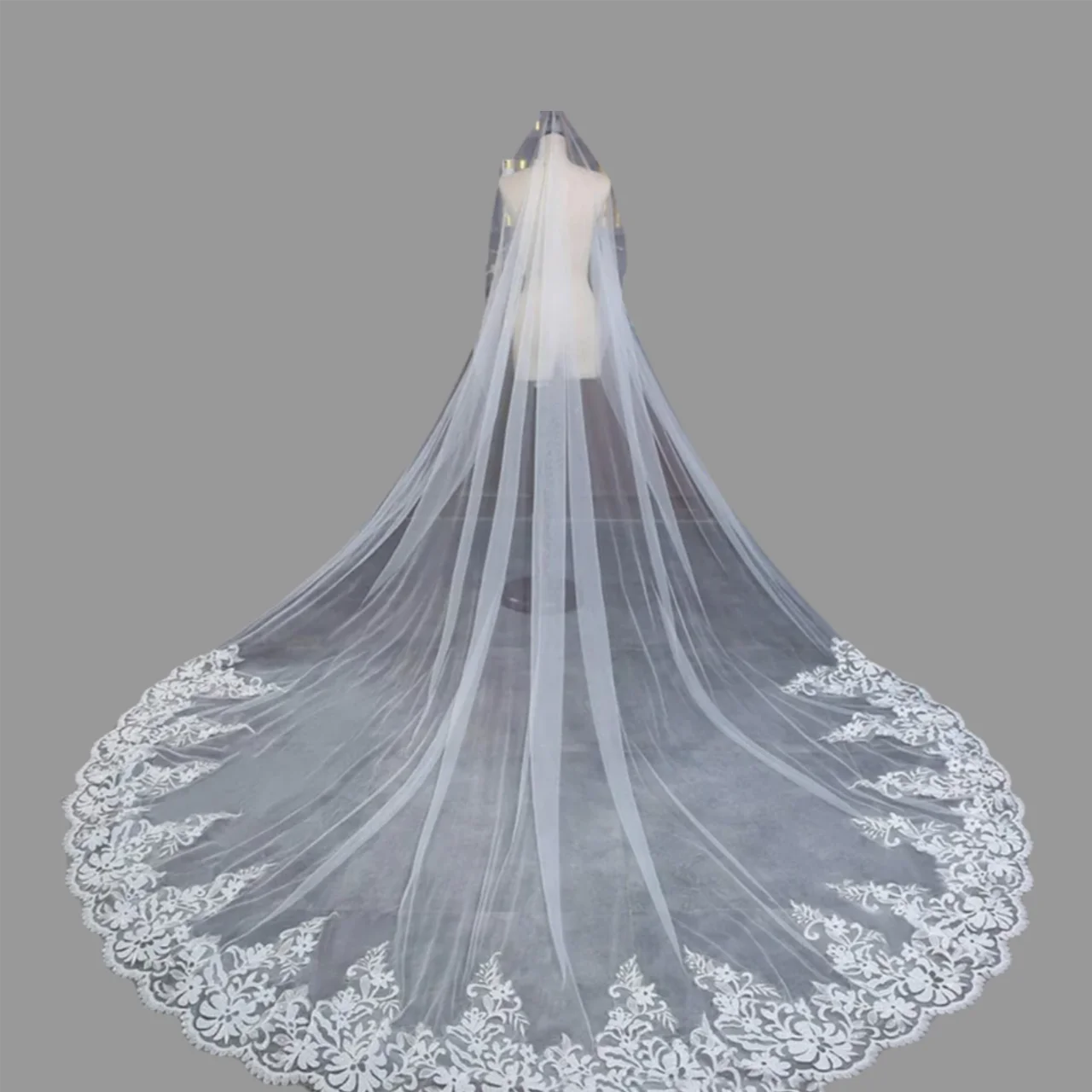 

YNQNFS Свадебная фата Белый соборный стиль Кружевной свадебный головной убор Элегантная длинная фата со шлейфом для невест