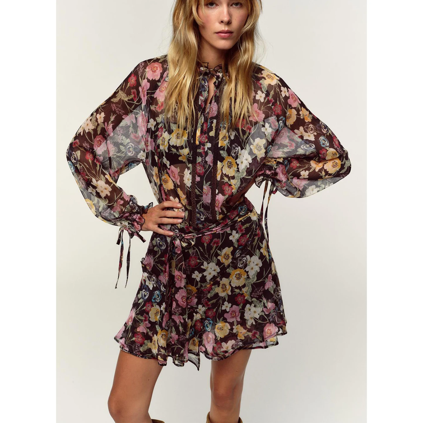 Inverno novo feminino v-ne longo sve floral impressão dr em camadas decoração ort comprimento a linha silhueta commute sle